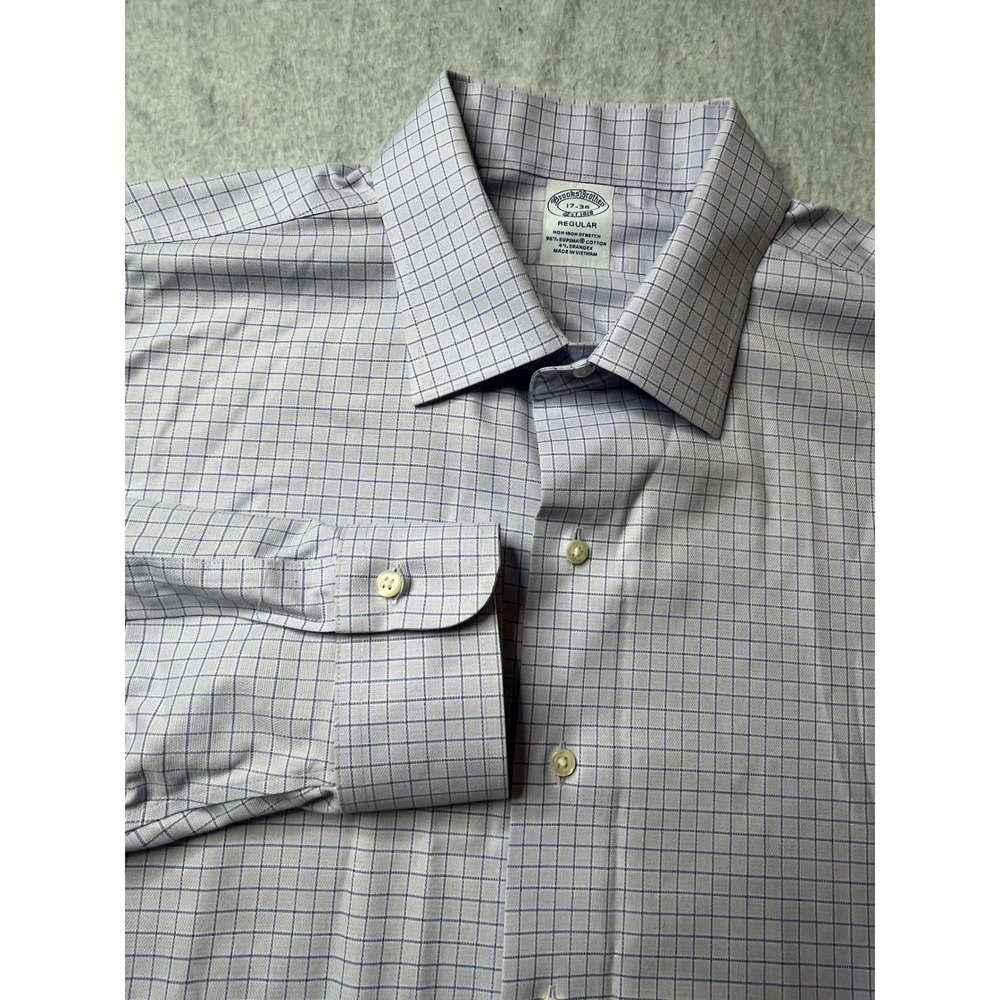 Brooks Brothers Mens‎ 17 36 Regular Fit Non Iron Stretch Check Dress Shirt Lilac